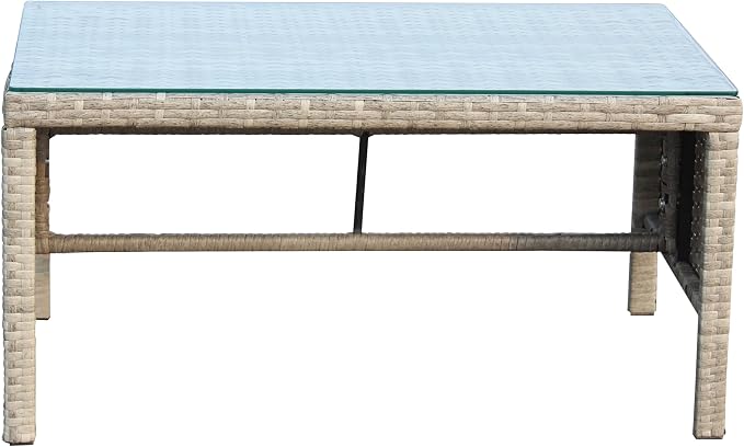 31.1" Outdoor Patio Side Table – Low Rectangle Coffee Table with Tempered Glass Top, Outdoor Wicker End Table for Backyard Deck Patio, 180 lbs Capacity, Grey