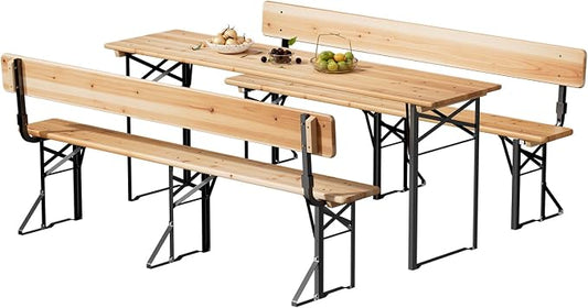 VINGLI 70 Inch Folding Picnic Tables and Chair Set with Backrest Bench, Weather-Resistant Wooden Beer Garden Table Bench, 3-Piece Portable Fold Up Camping BBQ Table,Natural Wood Color