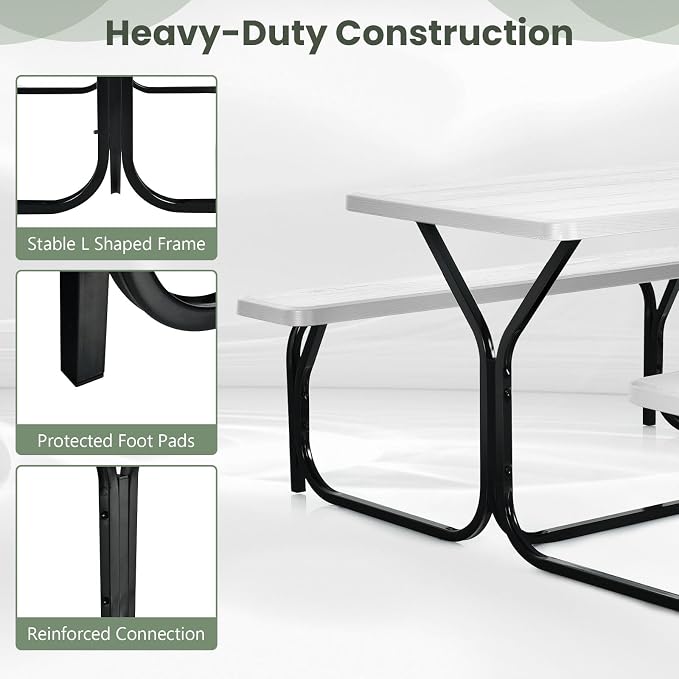 Picnic Table, Camping Portable Picnic Table Bench Set for 4 Persons, Heavy-Duty Steel Frame & Resin Tabletop, All Weather Outdoor Picnic Tables for Patio Travel BBQ Party Garden (White)
