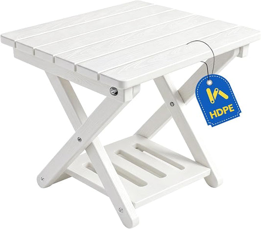 Folding Outdoor Side Table, 2-Tier Storage Heavy Duty HDPE Patio End Table | No Assembly, Weather Resistant, Wood-grain Texture, Easy to Clean, White Porch table