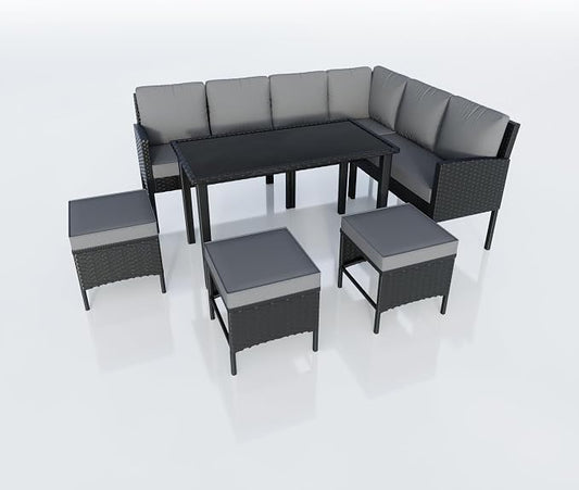 7 Pieces Outdoor Dining Set, Wicker Conversation Patio Furniture with Glass Table, L-Shaped PE Rattan Sectional Sofa Seating with Ottomans for Outside, Backyard, Balcony, Garden, Gray Cushions