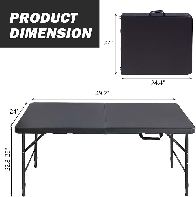 Anwick 4 Foot Folding Table Portable Fold-in-Half Plastic Picnic Table w/Handle and Steel Legs for Indoor, Outdoor, Camping, Party, Garden (Black, 4ft)