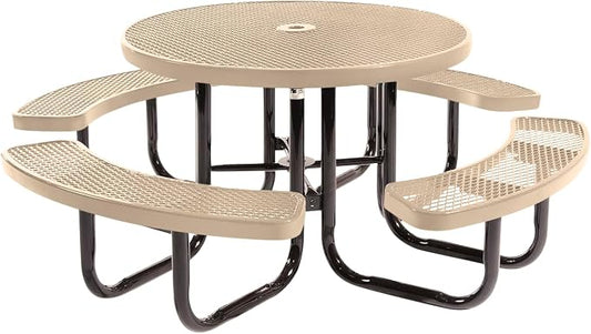 COATEDOUTDOORFURNITURE Heavy-Duty Portable Outdoor Picnic Table with Umbrella Hole, Expanded Metal Commercial-Grade Patio Dining Furniture Made in America (46" Round Top, Tan)
