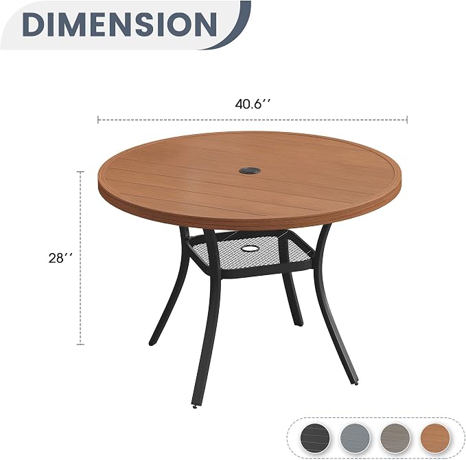 VICLLAX 40.6" Round Metal Outdoor Dining Table for 4, Patio Table with Umbrella Hole and Storage Shelf for Garden, Lawn, Deck, Walnut