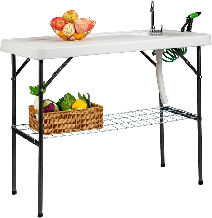 VINGLI Outdoor Folding Fish and Game Cleaning Table w/Sink| Portable & Durable, Standard Garden Connection, Upgraded Drainage Hose, Stainless Steel (Upgraded)