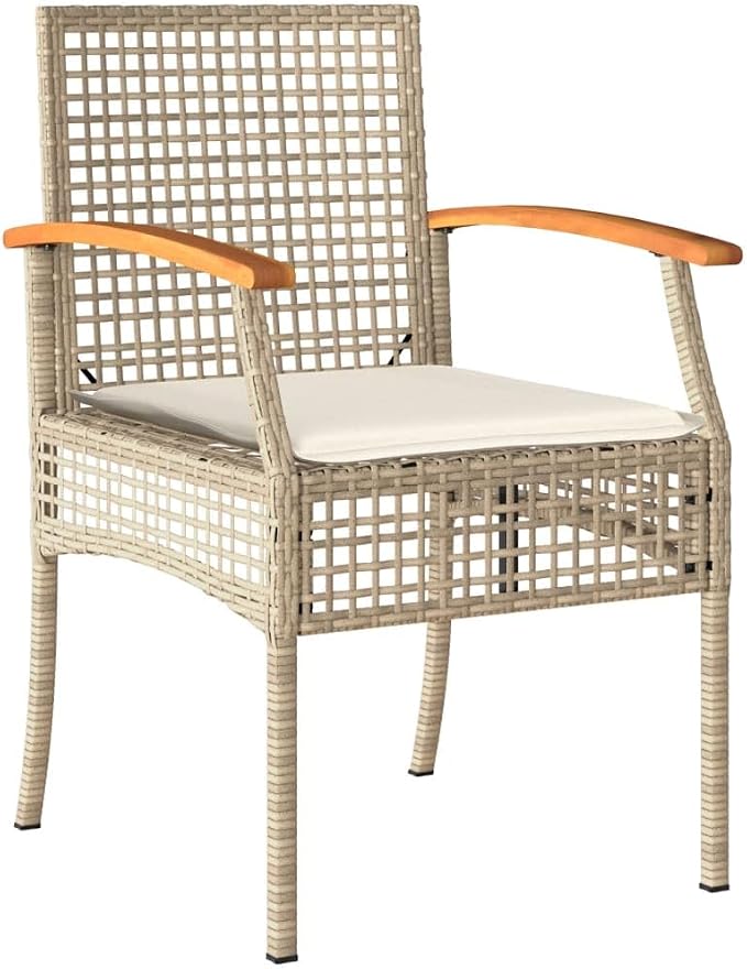 9 Piece Patio Dining Set with Cushions Beige Poly Rattan Outdoor Rattan Wicker Furniture Set for Garden Backyard Acacia Wood Table and 8 Chairs