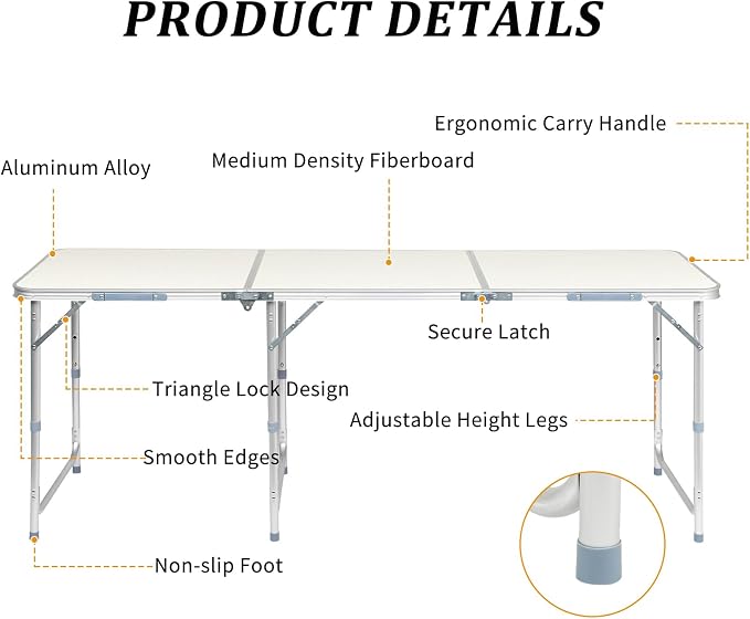 6 Ft Folding Portable Camping Table, Tri-fold Outdoor Picnic Table, Outdoor Camping Kitchen, BBQ, Picnic, Cooking, Beach, Garden, Party (White)