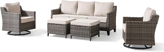 Outdoor Furniture Set of 5, Patio Chairs with Luxury 4" Cushion, Wicker Swivel Rocker Patio Chairs, and Side Table, High Back&Deep Seat for Garden Deck Porch Balcony Backyard - Beige