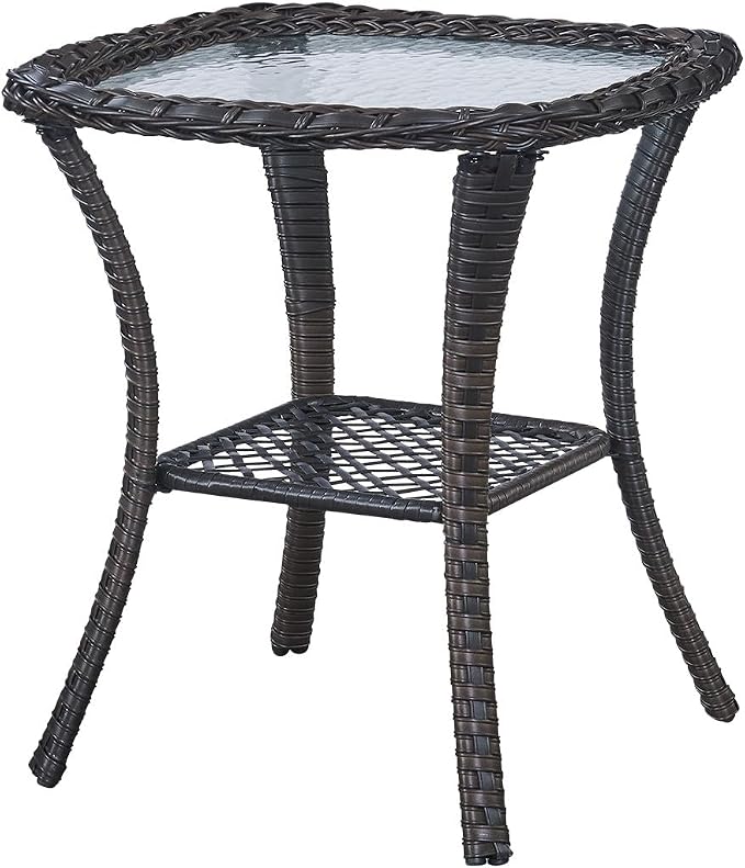 Outdoor Side Table Patio Tables - Wicker Coffee Table with Glass Top and 2-Shelf Storage Rattan End Table Square for Outdoor Patio Porch Deck Balcony Garden(Brown/Glass Top)