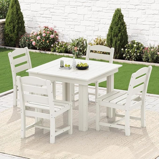 KINGYES 5-Piece HDPE Outdoor Dining Set for 4, Square Patio Table & Armless Chairs with Umbrella Hole, All-Weather Patio Dining Set for Backyard, Garden, Lawn & Poolside, White