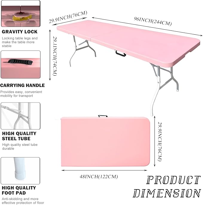 Portable Plastic Folding Table 4ft/6ft/8ft Heavy Duty White Black Picnic Dining Table Fold-in-Half for Camp Party Kitchen Indoor Outdoor