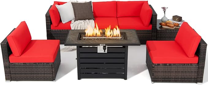 Tangkula 7-Piece Outdoor Patio Furniture Set with 42" Propane Fire Pit Table, Outdoor Wicker Conversation Set with Cushions and Tempered Glass Coffee Table, 50,000 BTU Gas Fire Pit Table (Red)