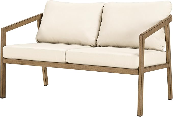 Teak Outdoor Patio Loveseat, Never-Rust Aluminum Outdoor Loveseat Couch with Thick Cushions, Modern 2-Seater Patio Sofa Bench, Outdoor Sofa Loveseat Furniture for Deck, Poolside