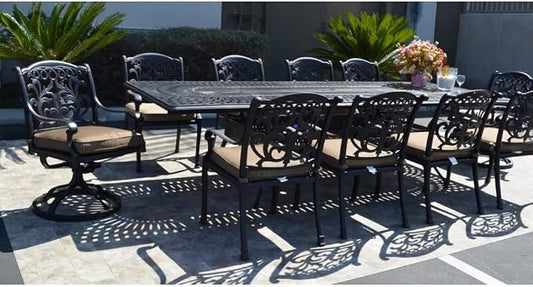 Patioland Mandalay Outdoor Cast Aluminum Powder Coated 11-Piece Dining Set with Extendable 132in Rectangular Dining Table (Olefin Walnut Cushions)