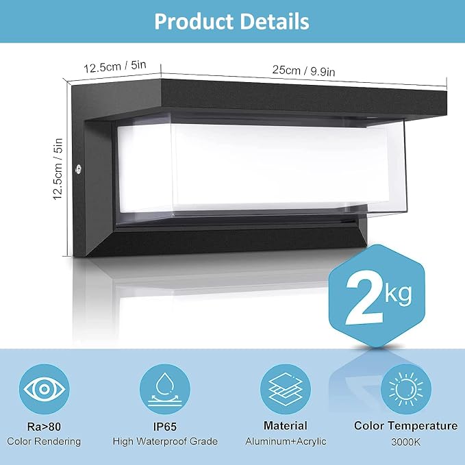 6000K Porch Lights Outdoor, 18W 1800LM LED Wall Light 2 Pack | IP65 Waterproof Anti-Rust Aluminum Modern Exterior Fixtures for Over Door, Garage, Patio