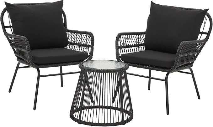 EROMMY 3-Piece Patio Conversation Bistro Set, Outdoor All-Weather Wicker Balcony Furniture with Tempered Glass Top Table & 2 Wide Ergonomic Armchairs, Seat Cushions for Porch Backyard, Black