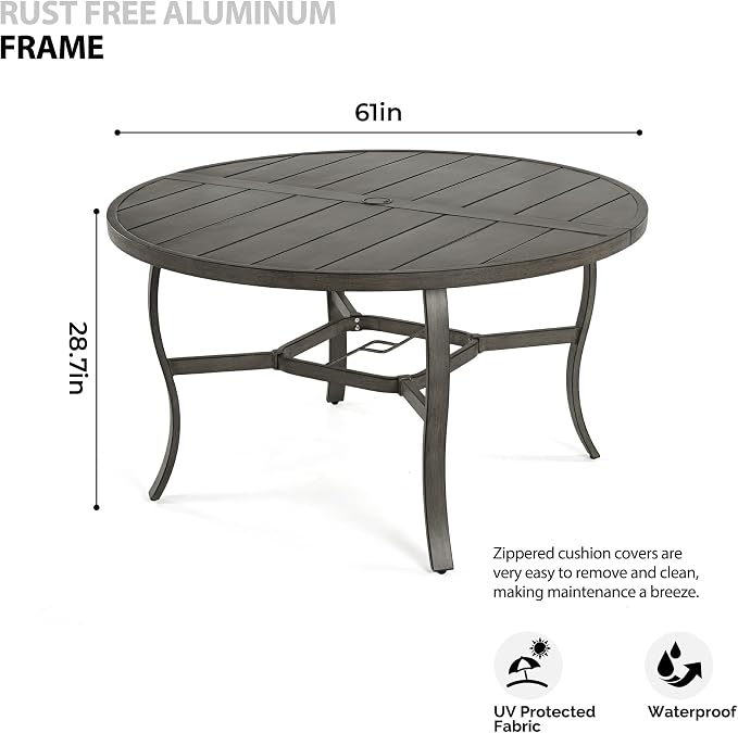 HAPPATIO Round Outdoor Dining Table, 61-inch Aluminum Patio Table with Umbrella Hole, All-Weather Aluminum Frame for Deck Lawn Garden Backyard Balcony Deck