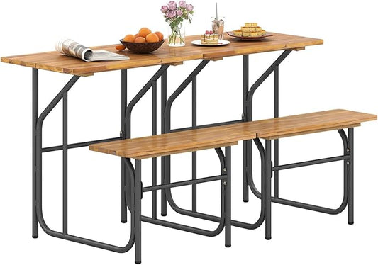HAPPYGRILL Acacia Wood Picnic Table Bench Set, Dining Table and Bench Set with Heavy Duty Metal Frame, for Patio Porch Garden and Backyard