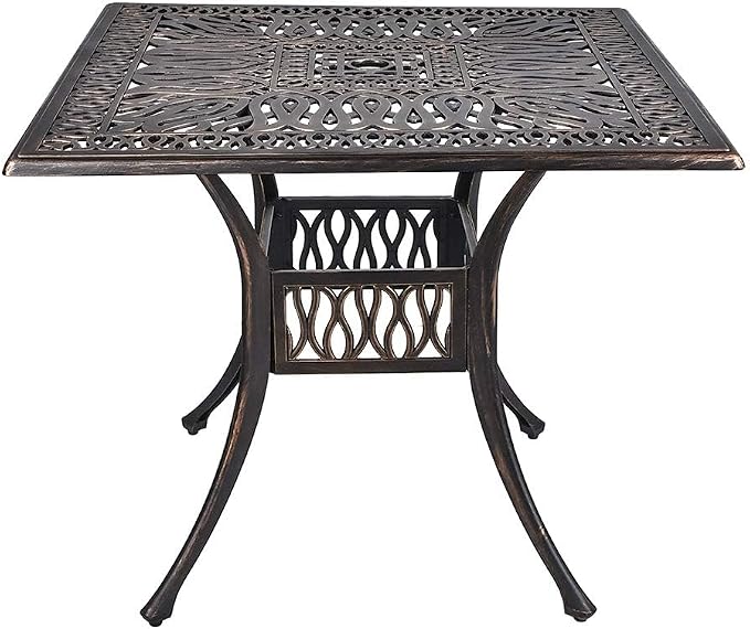 TITIMO 35.4" Outdoor Patio Bistro Dining Square Table Weather Resistant Cast Aluminum Conversation Table with 2.2" Umbrella Hole for Backyard, Garden, Poolside, Balcony(Retro)