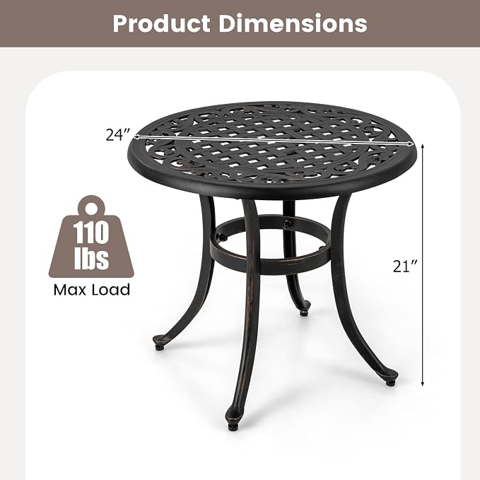 HAPPYGRILL Outdoor Aluminum Side Table, Patio Coffee Table with Adjustable Footpads, Heavy-Duty Small End Table, Lightweight Round Patio Table for Backyard, Porch, Poolside