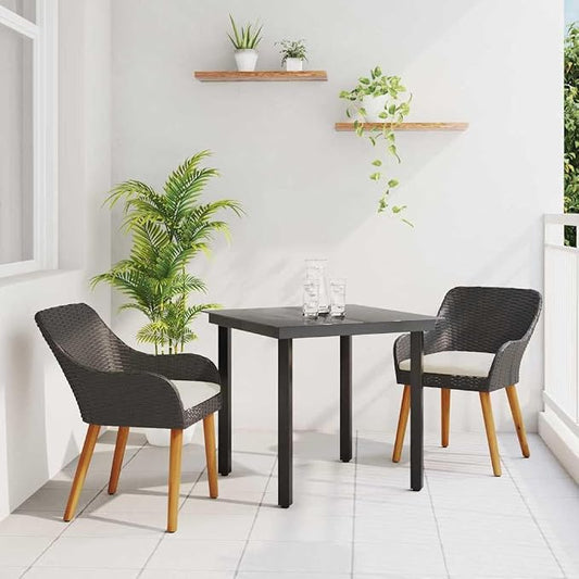 Garden Dining Set with Cushion 3 Pcs Black Poly Rattan Outdoor Patio Bistro Table Chairs Weatherproof Stackable for Deck Yard Porch