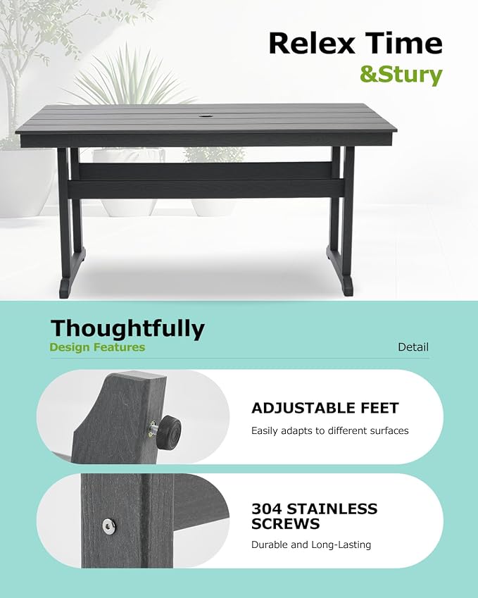 HDPE Outdoor Dining Table for 6, 62.2” Rectangle All-Weather Resistant Patio Dining Table with 2” Umbrella Hole for Balcony, Backyard, Garden,Lawn (Dark Grey, Dining Table)