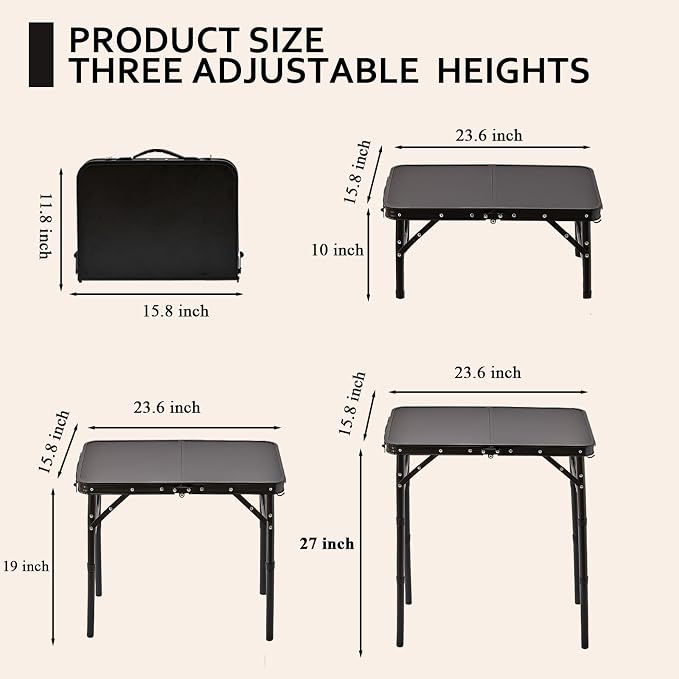 YihuiKo Folding Picnic Table with Storage Net, Matte Black Aluminum Folding Table 23.6" x 15.8", Adjustable Height Max 27.5", Lightweight Portable for Camping Travel Indoor
