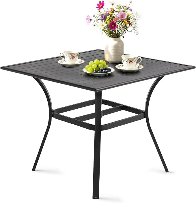 36" Patio Table for 4, Metal Outdoor Dining Table with Coating, Square Steel Slated Outdoor Table with 2" Umbrella Hole for Garden Backyard, Black