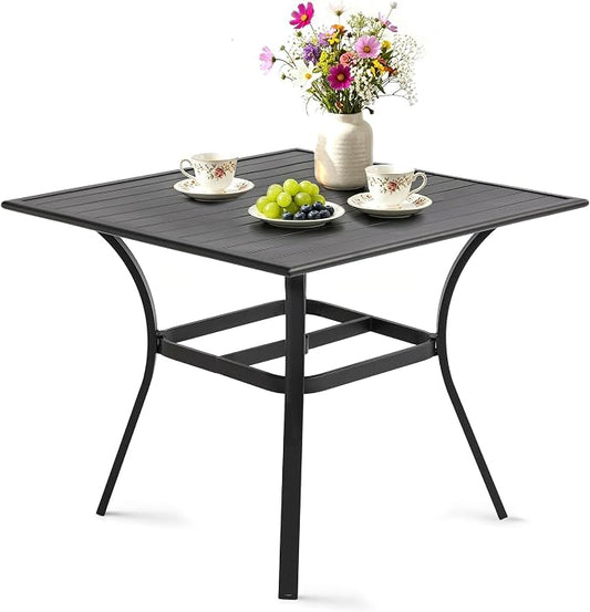 36" Patio Table for 4, Metal Outdoor Dining Table with Coating, Square Steel Slated Outdoor Table with 2" Umbrella Hole for Garden Backyard, Black