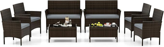 4 Piece Patio Furniture Set, Sectional Conversation Sofa Set with Glass Coffee Table, Cushions & Loveseat, Wicker Outdoor Table and Chairs for Pool, Garden, Deck, Backyard (2, Grey)