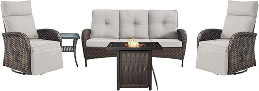 Belord 5 Piece Wicker Patio Furniture Set with 30" Propane Fire Pit Table, Outdoor Swivel Recliner Chairs with Adjustable Backrest & Footrest for Patio Conversation and Backyard Gathering
