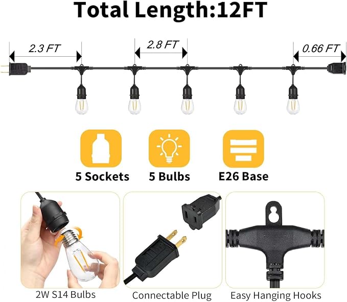 12FT Outdoor String Lights with 5 LED Edison Bulbs 2W Shatterproof | Commercial Grade Waterproof Outside Light 2700K Warm White for Bistro Gazebos Porch Patio Garden