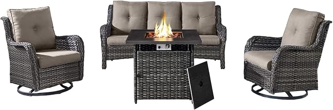 Belord 4 Piece Patio Wicker Furniture Set, Outdoor Swivel Rocker Chairs, All Weather Outdoor Patio Couch with Fire Pit Table for Deck Porch, Gray Wicker/Gray