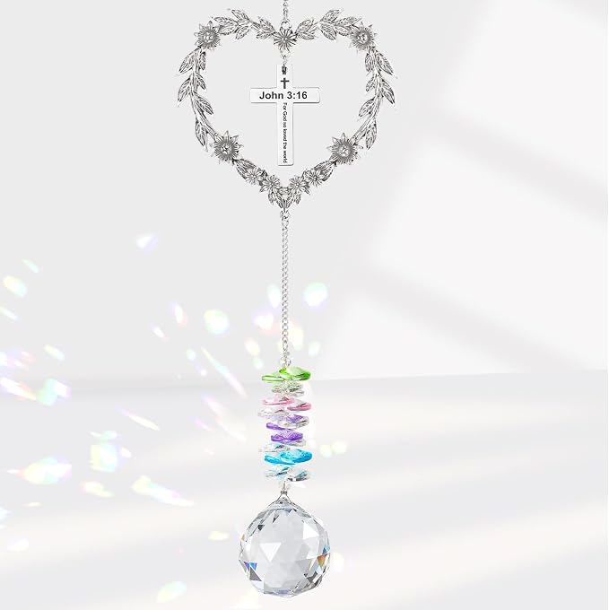 Christian Gifts for Women, Religious Suncatcher for Birthday Friendship | Catholic Baptism Gift, John 3:16 Crystal Ornament with Cross, Bible Verse Indoor Window Decor Spiritual Suncatcher
