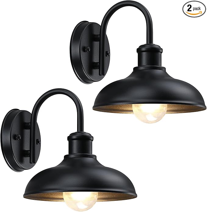Gooseneck Outdoor Light Fixtures, Farmhouse Barn Lights for Porch, Black | Industrial Black Exterior Wall Sconce for Garage, E26 Base Anti-Rust for Garage Frontdoor Entryway Doorway (No Sensor)