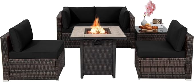 Tangkula 6 Piece Outdoor Rattan Sofa Set with 30in Propane Gas Fire Table, Ceramic Fire Tabletop, 50,000 BTU Heat Output, Cushions & Fire Pit Dust Cover, Patiojoy Weatherproof Wicker Set (Black)