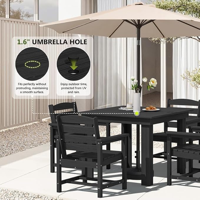 KINGYES HDPE Outdoor Dining Set for 4 with Umbrella, 6-Piece Square Patio Table & Armchairs, All-Weather for Backyard, Garden, Lawn & Poolside, Black