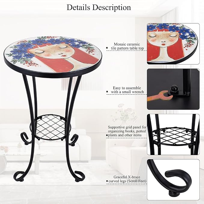 14 Inch Mosaic Patio Side Table with Scroll Legs, Indoor Outdoor Accent Round End Table with Ceramic Tile Tops for Yard, Garden, Living Room, Bistro, B - Red Hair Girl