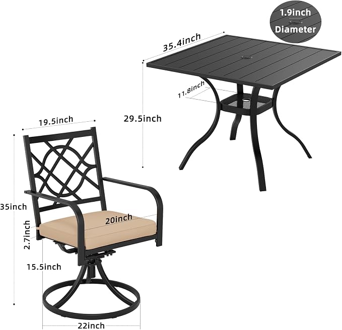 5 Piece Patio Dining Set Outdoor Furniture Set, Square Metal Patio Dining Table with Umbrella Hole & 4 Swivel Dining Chairs for Garden Lawn Yard