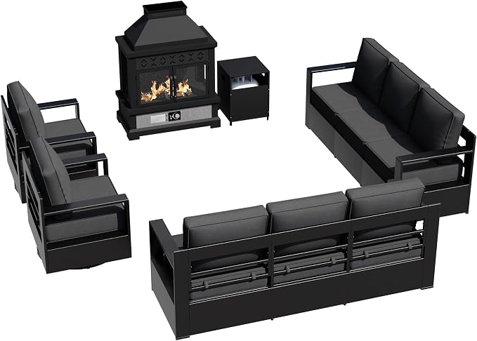 Outdoor Aluminum Furniture Set, 5-Piece Patio Conversation Set, 2 Swivel Chairs, 2 Sofa and 1 Fireplace, All-Weather Metal Frame, 6" Thick Removable Cushions, Deep Setting for Garden and Porch
