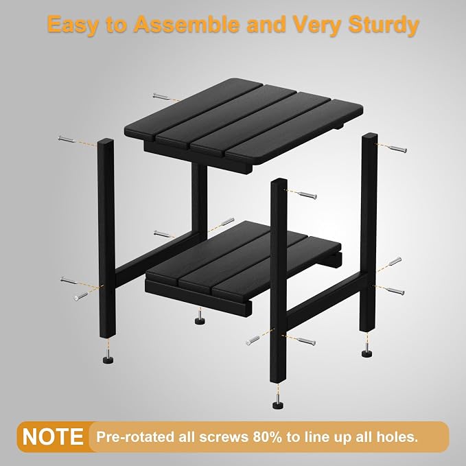 Outdoor Side Table, Small Square Patio Side Table with Adjustable Feet, All-Weather HDPE Adirondack End Tables for Porch Deck Balcony Pool, 2-Tier Storage, Easy Maintenance, Black