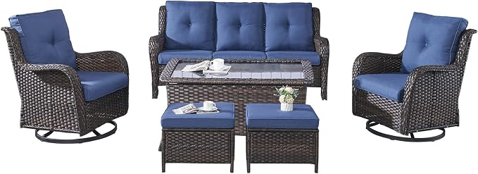 Rilyson 6 Piece Outdoor Patio Furniture Set - Rattan Wicker Patio Conversation Sets with 2 Swivel Rocker Chairs,2 Ottomans,1 Sofa and 1 Coffee Table for Outside Porch Deck Backyard(Brown/Blue)