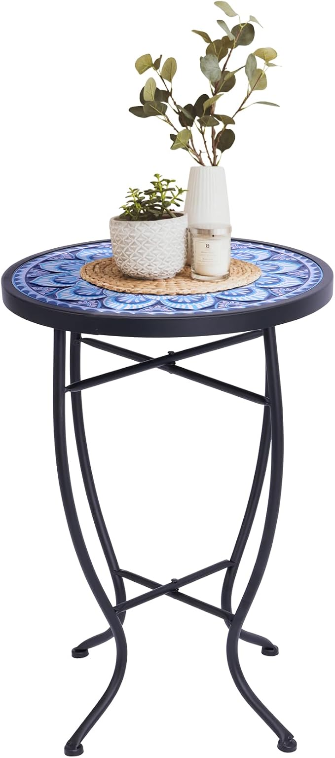 Elevon 14 Inch Round Side Ceramic Tile Top Indoor and Outdoor Accent Table, Greek