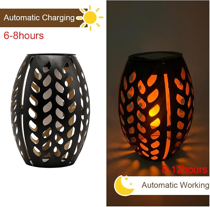 2PCS Solar Table Lanterns Flickering Flame Waterproof Black Leaf | Metal Hollow Black Leaf Design, Waterproof, 7.3" H, For Tabletop Garden Patio Decor