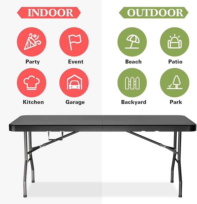 MEI&CO 6ft Heavy-Duty Outdoor Folding Table for 6 - Sturdy HDPE Top, 350lbs Capacity, Foldable Lockable Design, No Assembly - Camping Parties Picnics (Black)