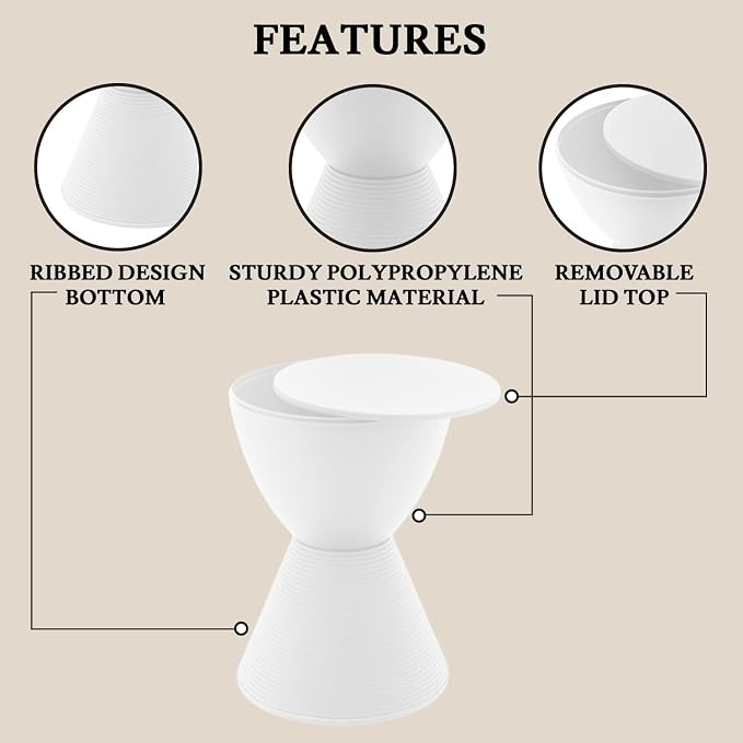 LeisureMod Modern Hourglass White Side Table - ABS Shell Drum End Table with Storage for Indoor & Outdoor Use