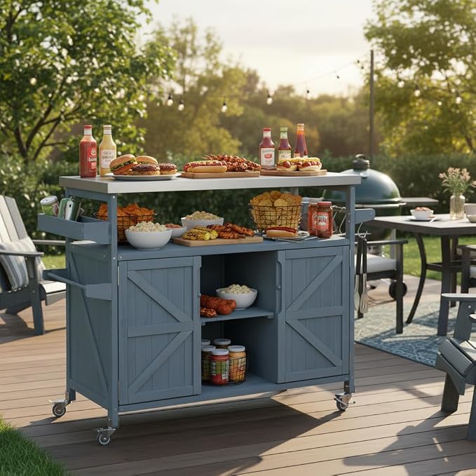 Outdoor Grill Table Bar Cart with Stainless Steel Top, Farmhouse Solid Wood Outdoor Kitchen Island with Spice Rack and Towel Rack, Rolling Island Cart for Kitchen, BBQ, Garden, Patio, Grey Blue