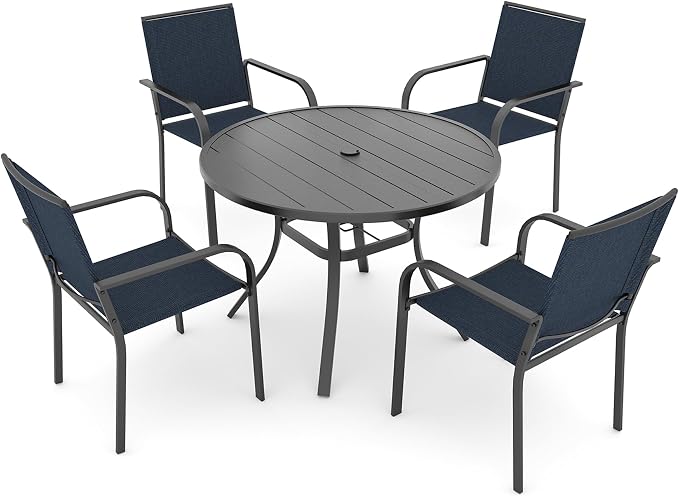 Anmutig 5 Piece Patio Dining Set 41 Inch Round Table Stackable Chairs Blue | Powder-Coated Steel Frame, Quick-Dry Textilene Mesh, Dual-Size Umbrella Hole, Weather Resistant, Patio, Garden, Backyard