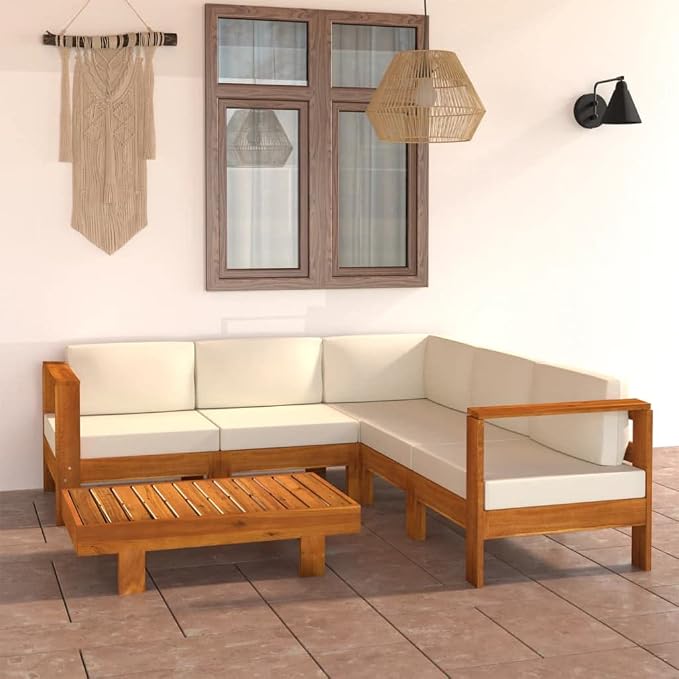 6 Piece Patio Lounge Set with Cream White Cushions,Outdoor Couch,Patio Bar Set,Modern Outdoor Furniture,Dining Bench with Back,Bistro Set,for Patio Deck Garden,Backyard & Lawn,Acacia Wood