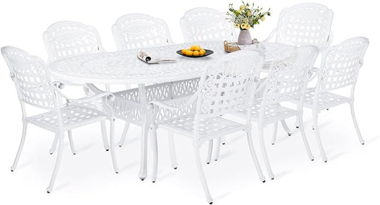 9-Piece Patio Dining Set, Outdoor Patio Table and Chair Set of 84” Oval Cast Aluminum Dining Table with Umbrella Hole and 8 Outdoor Dining Chairs, Patio Funiture Set, White
